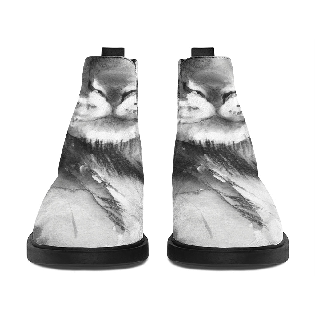 Monochrome Watercolor White Tiger Print Flat Ankle Boots