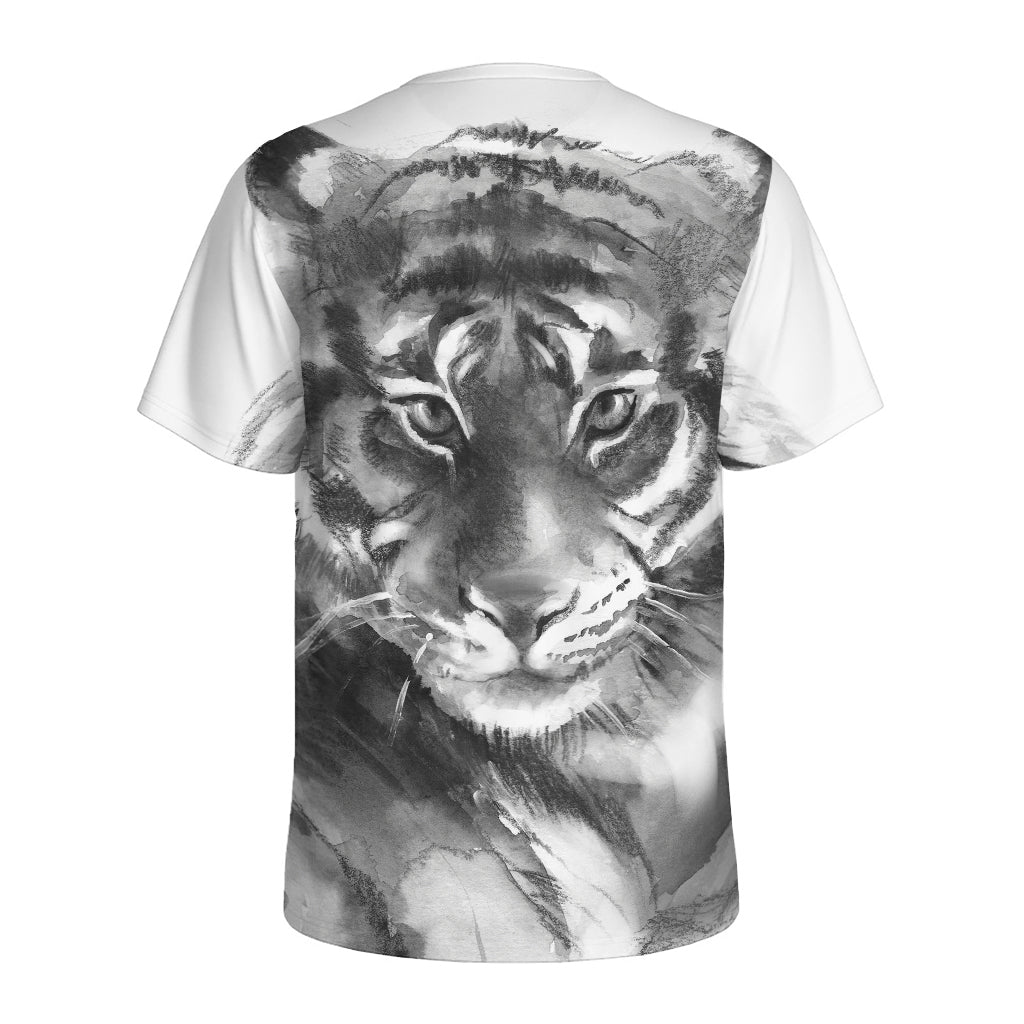 Monochrome Watercolor White Tiger Print Men's Sports T-Shirt