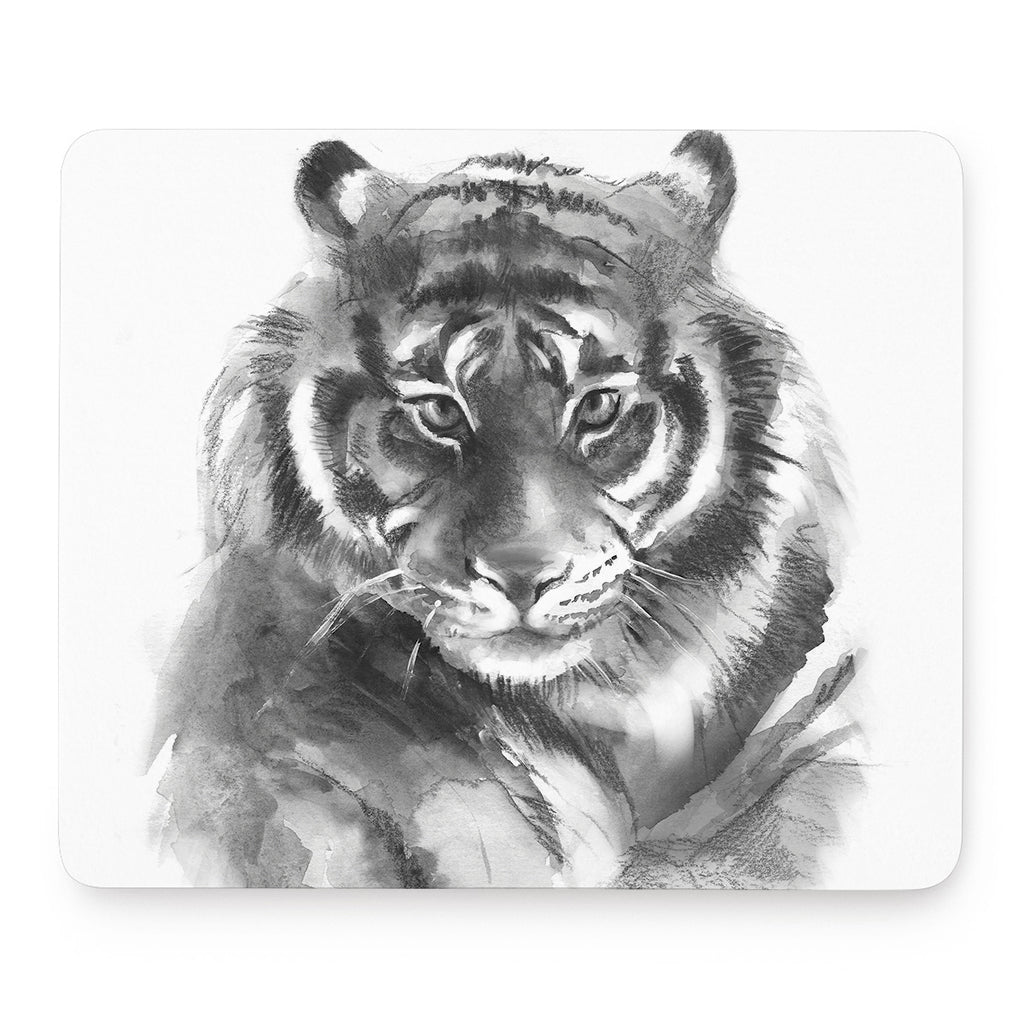 Monochrome Watercolor White Tiger Print Mouse Pad