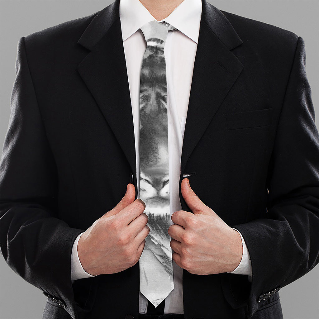 Monochrome Watercolor White Tiger Print Necktie
