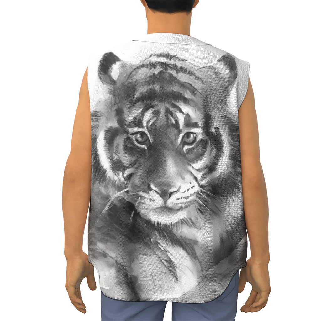 Monochrome Watercolor White Tiger Print Sleeveless Baseball Jersey