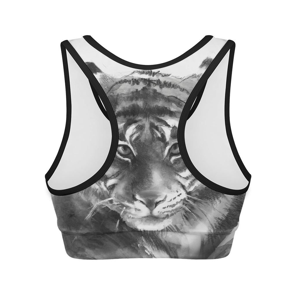 Monochrome Watercolor White Tiger Print Women's Sports Bra