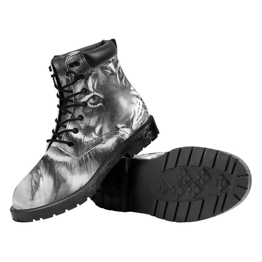 Monochrome Watercolor White Tiger Print Work Boots