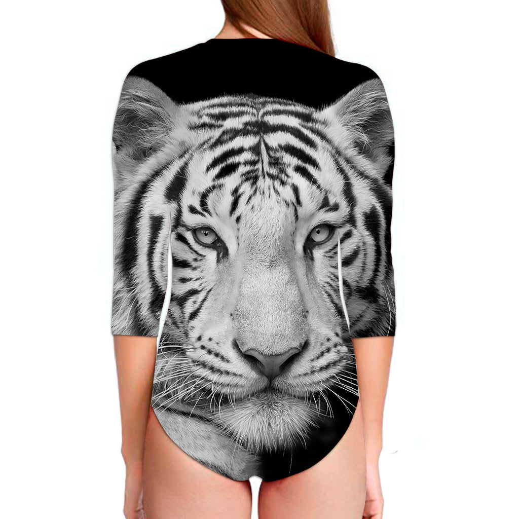Monochrome White Bengal Tiger Print Long Sleeve Swimsuit