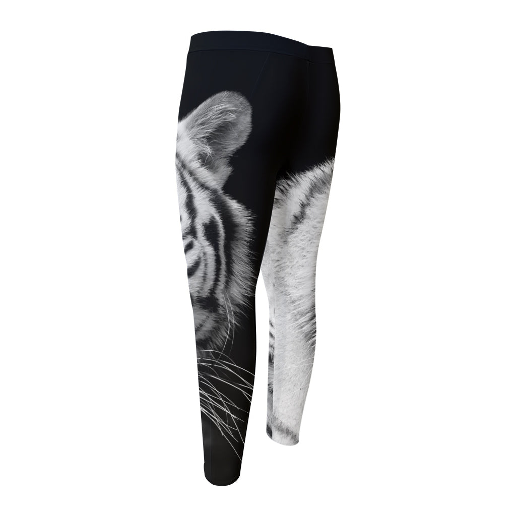 Monochrome White Bengal Tiger Print Men's Compression Pants