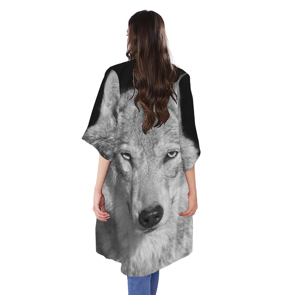 Monochrome Wolf Print Open Front Beach Cover Up