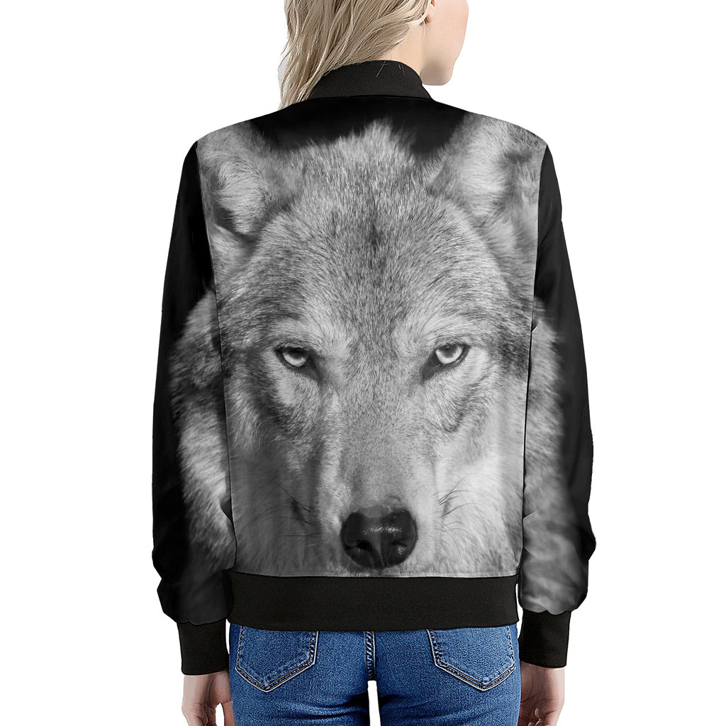 Monochrome Wolf Print Women's Bomber Jacket
