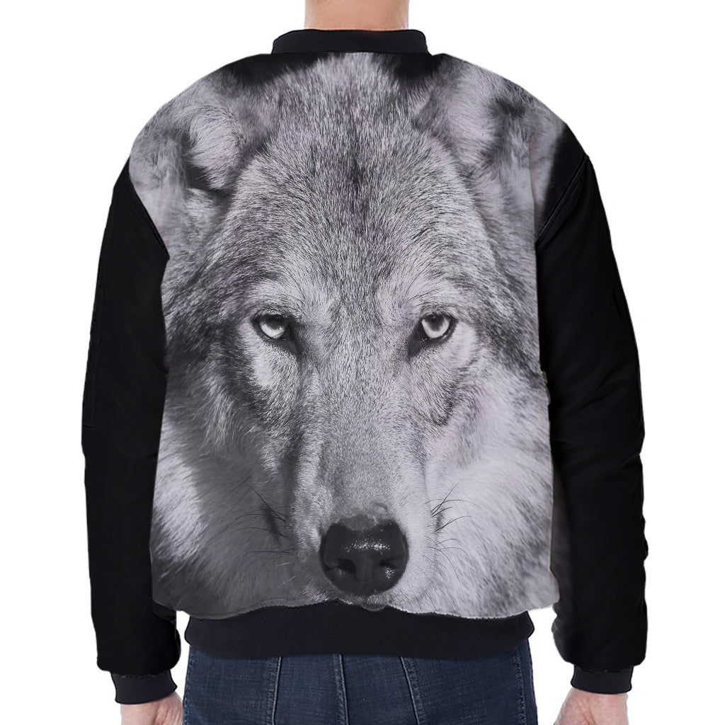 Monochrome Wolf Print Zip Sleeve Bomber Jacket