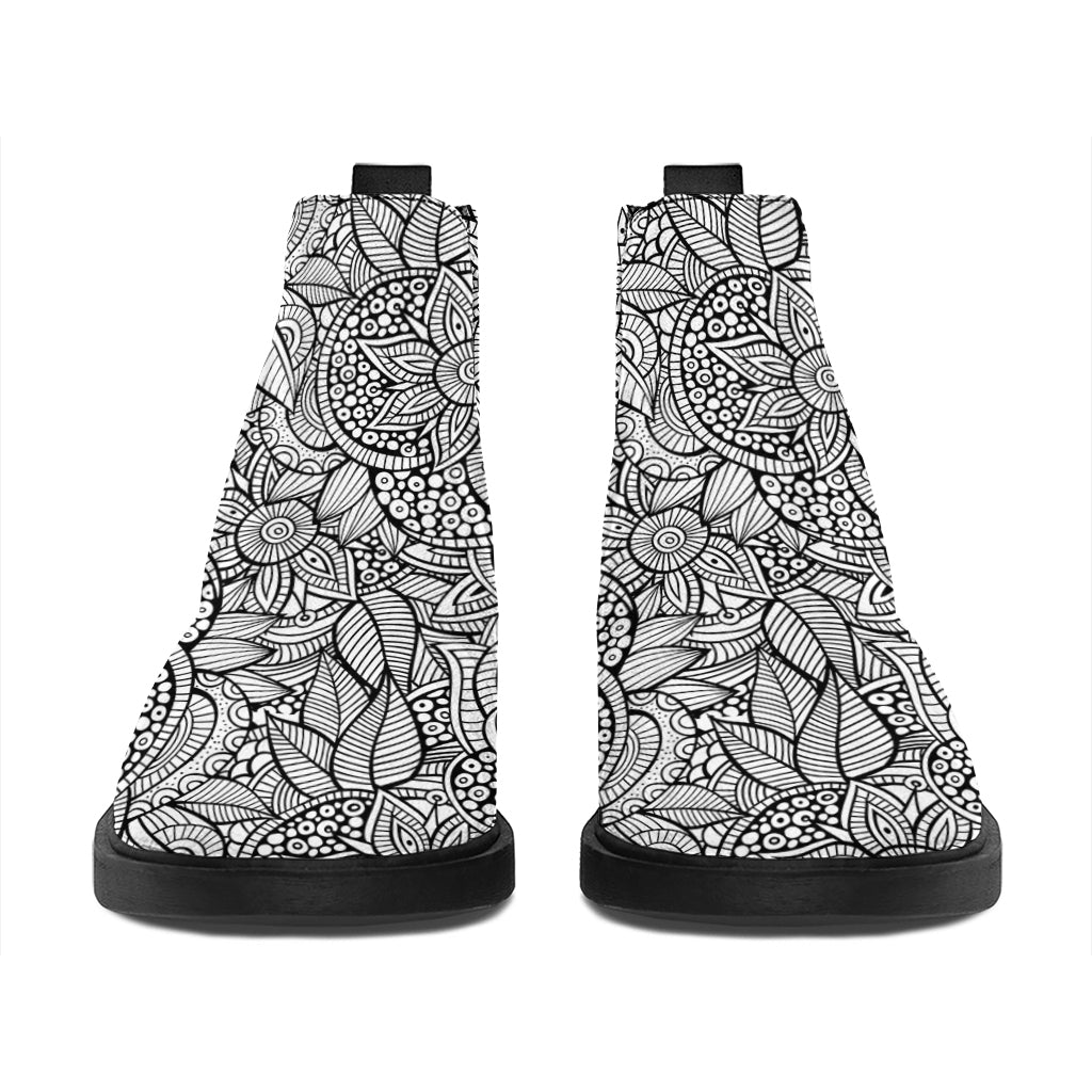 Monochrome Zentangle Pattern Print Flat Ankle Boots