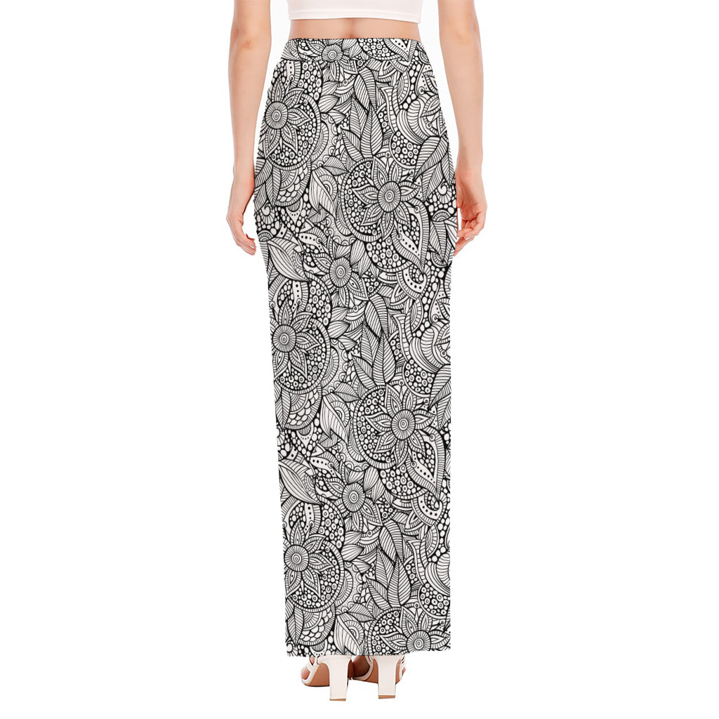 Monochrome Zentangle Pattern Print High Slit Maxi Skirt