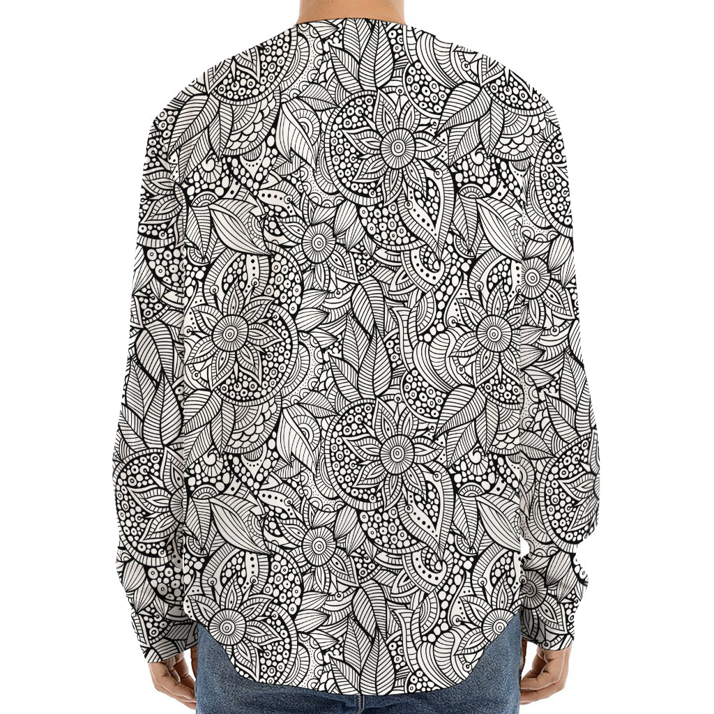 Monochrome Zentangle Pattern Print Long Sleeve Baseball Jersey