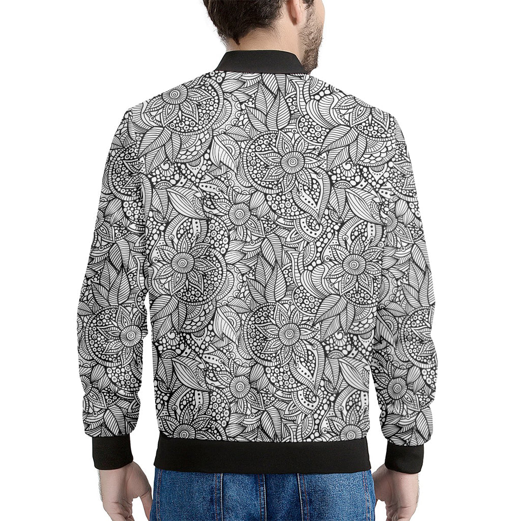 Monochrome Zentangle Pattern Print Men's Bomber Jacket