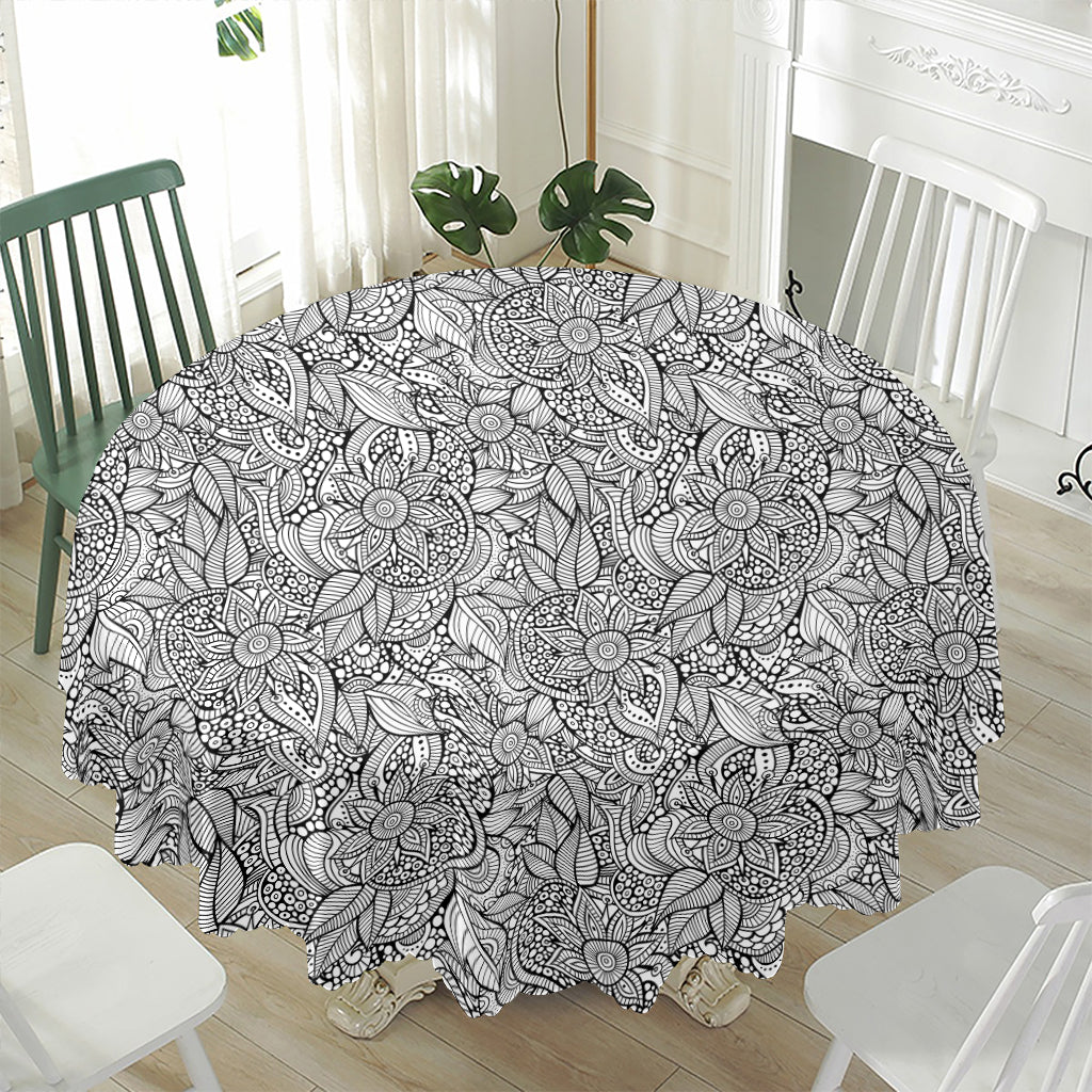 Monochrome Zentangle Pattern Print Waterproof Round Tablecloth