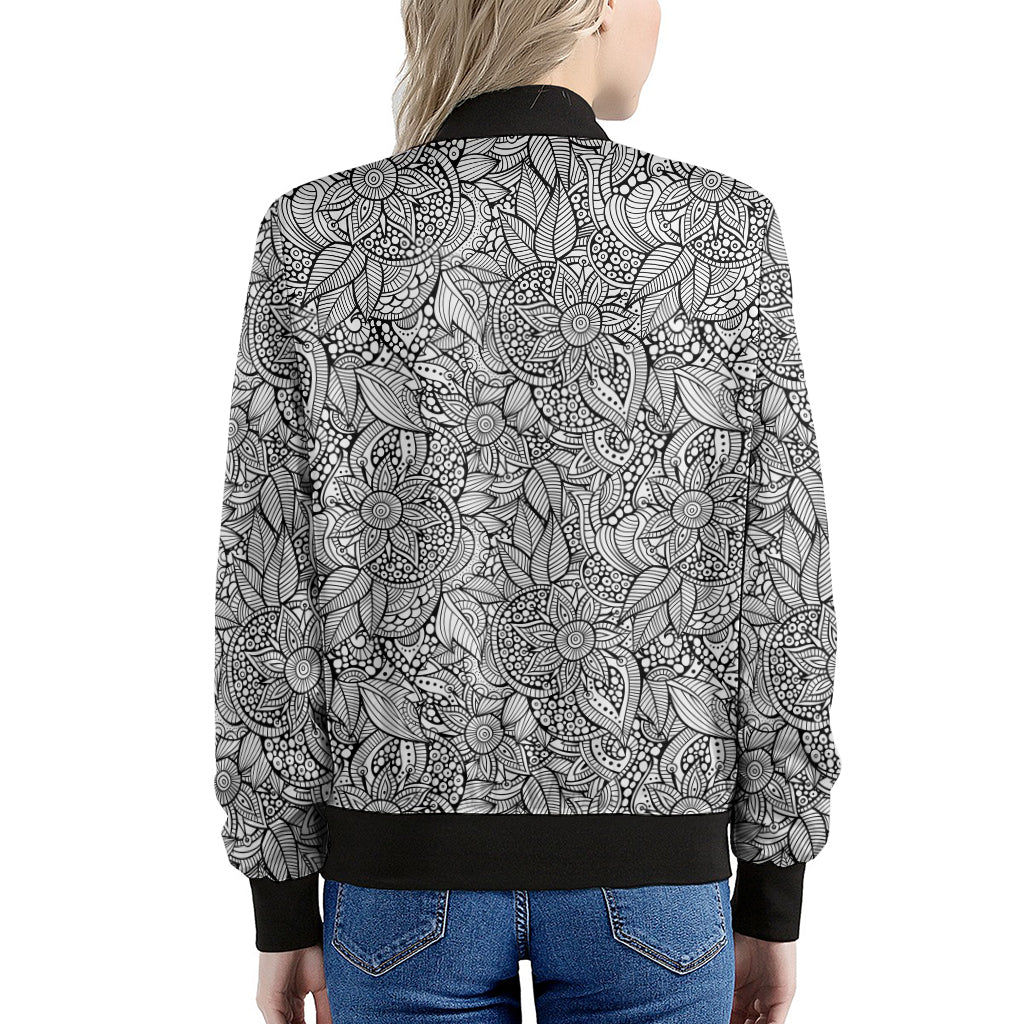 Monochrome Zentangle Pattern Print Women's Bomber Jacket