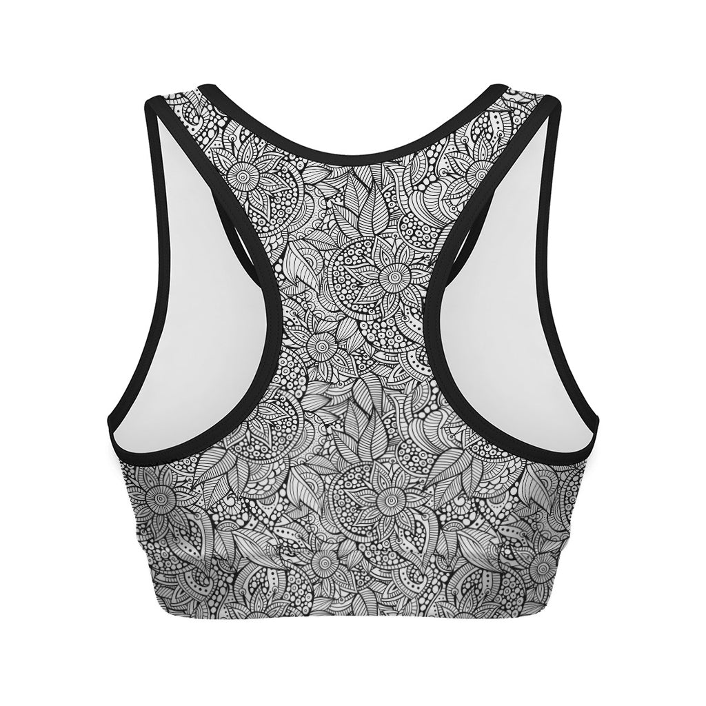 Monochrome Zentangle Pattern Print Women's Sports Bra
