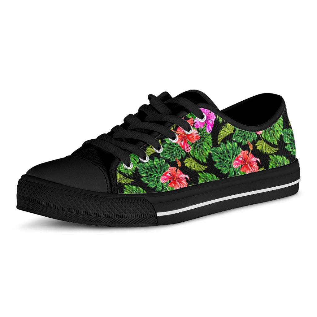 Monstera Hibiscus Hawaii Pattern Print Black Low Top Sneakers