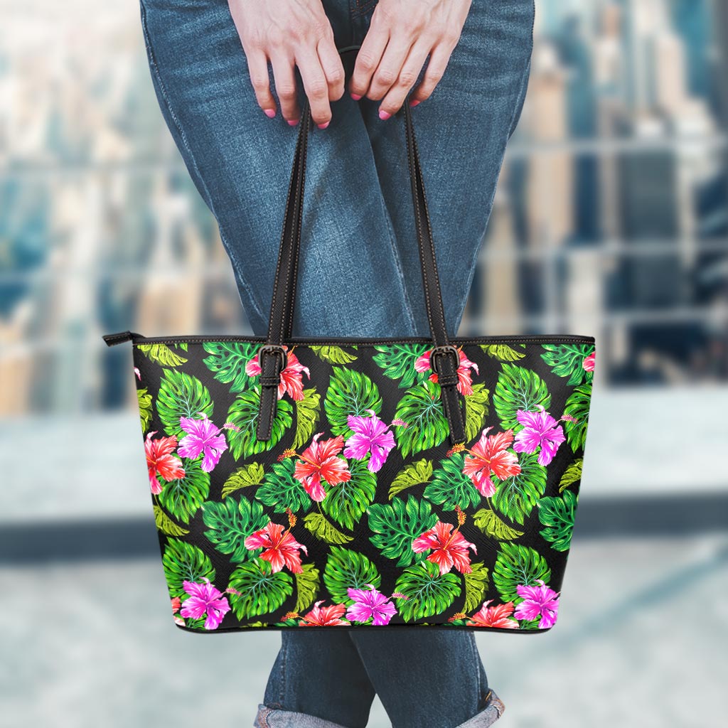 Monstera Hibiscus Hawaii Pattern Print Leather Tote Bag