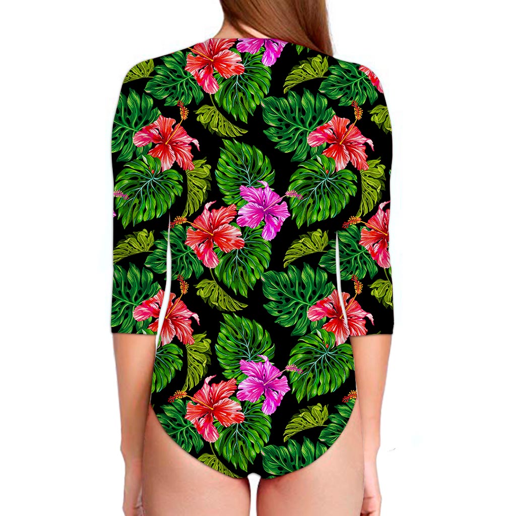 Monstera Hibiscus Hawaii Pattern Print Long Sleeve Swimsuit