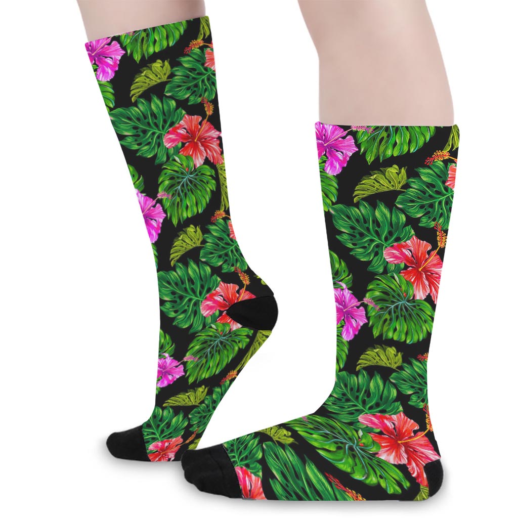 Monstera Hibiscus Hawaii Pattern Print Long Socks