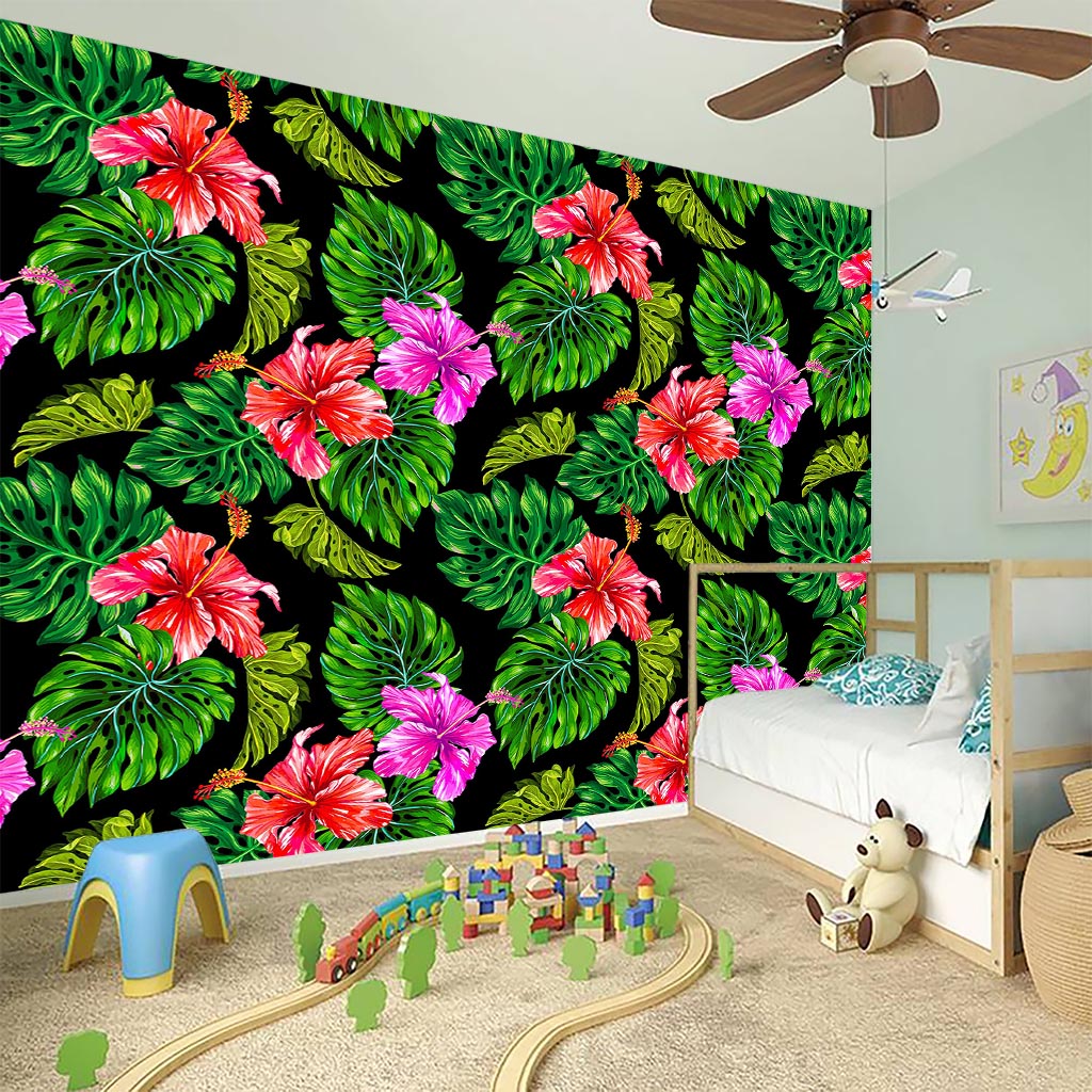 Monstera Hibiscus Hawaii Pattern Print Wall Sticker