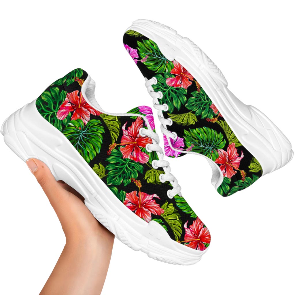 Monstera Hibiscus Hawaii Pattern Print White Chunky Shoes