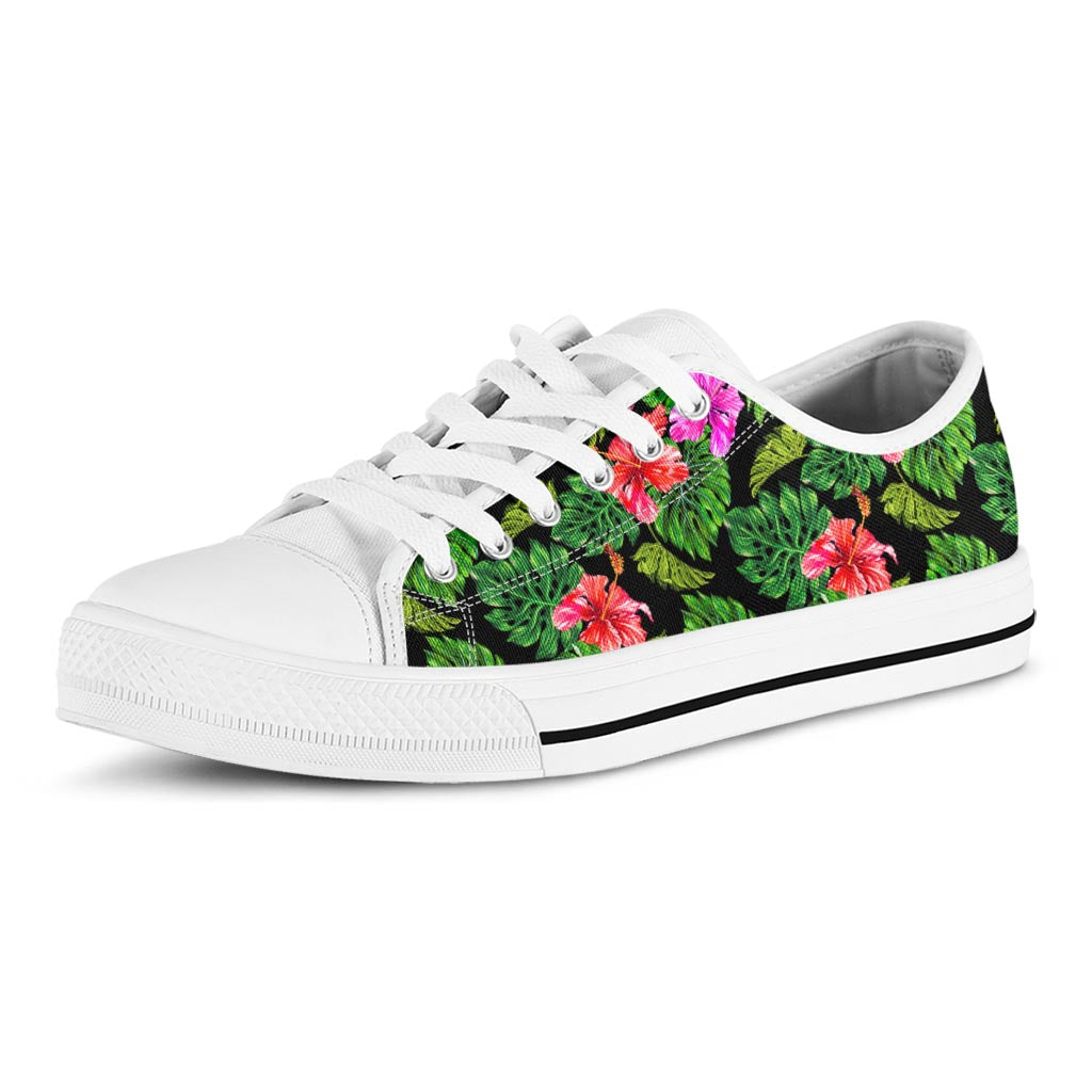 Monstera Hibiscus Hawaii Pattern Print White Low Top Sneakers