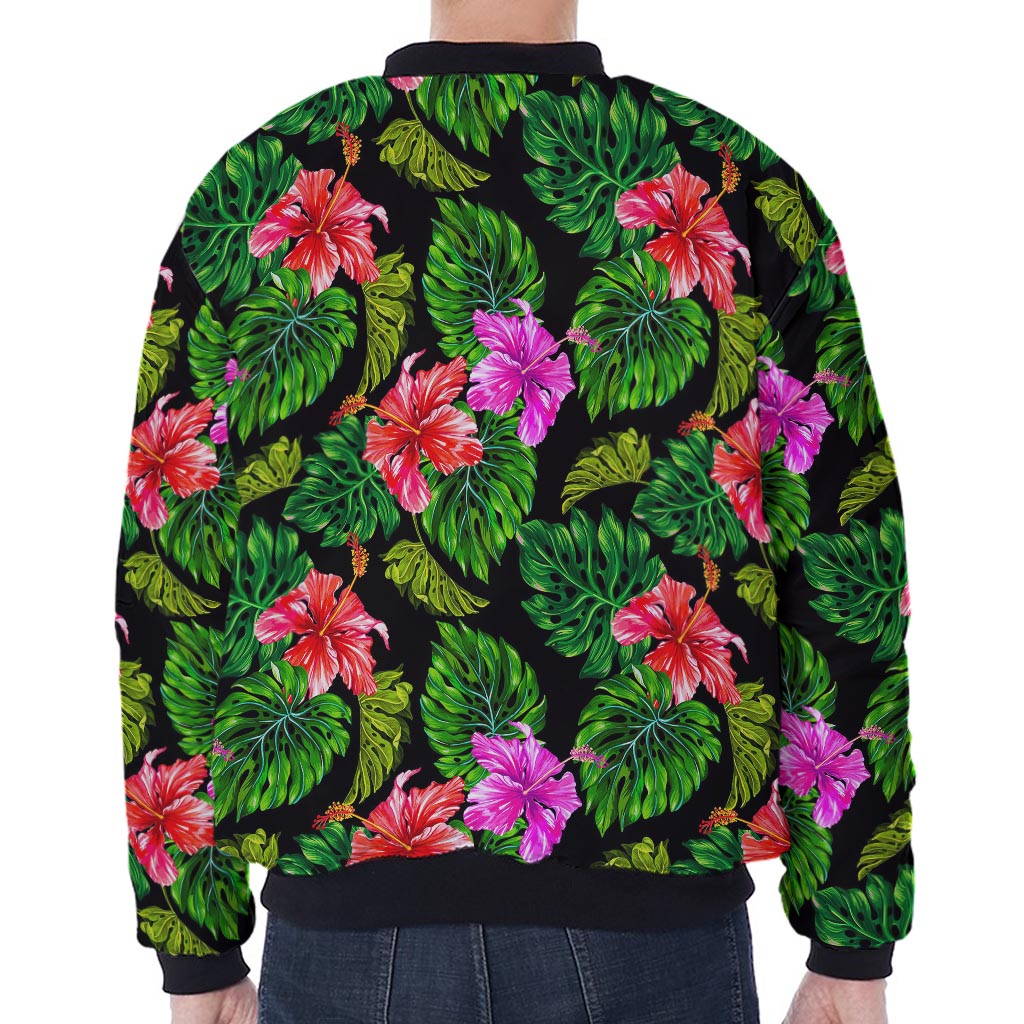 Monstera Hibiscus Hawaii Pattern Print Zip Sleeve Bomber Jacket
