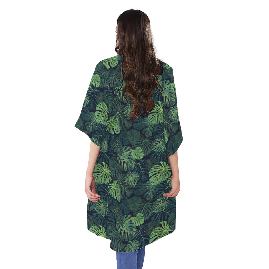 Monstera Palm Leaves Pattern Print Open Front Beach Cover Up