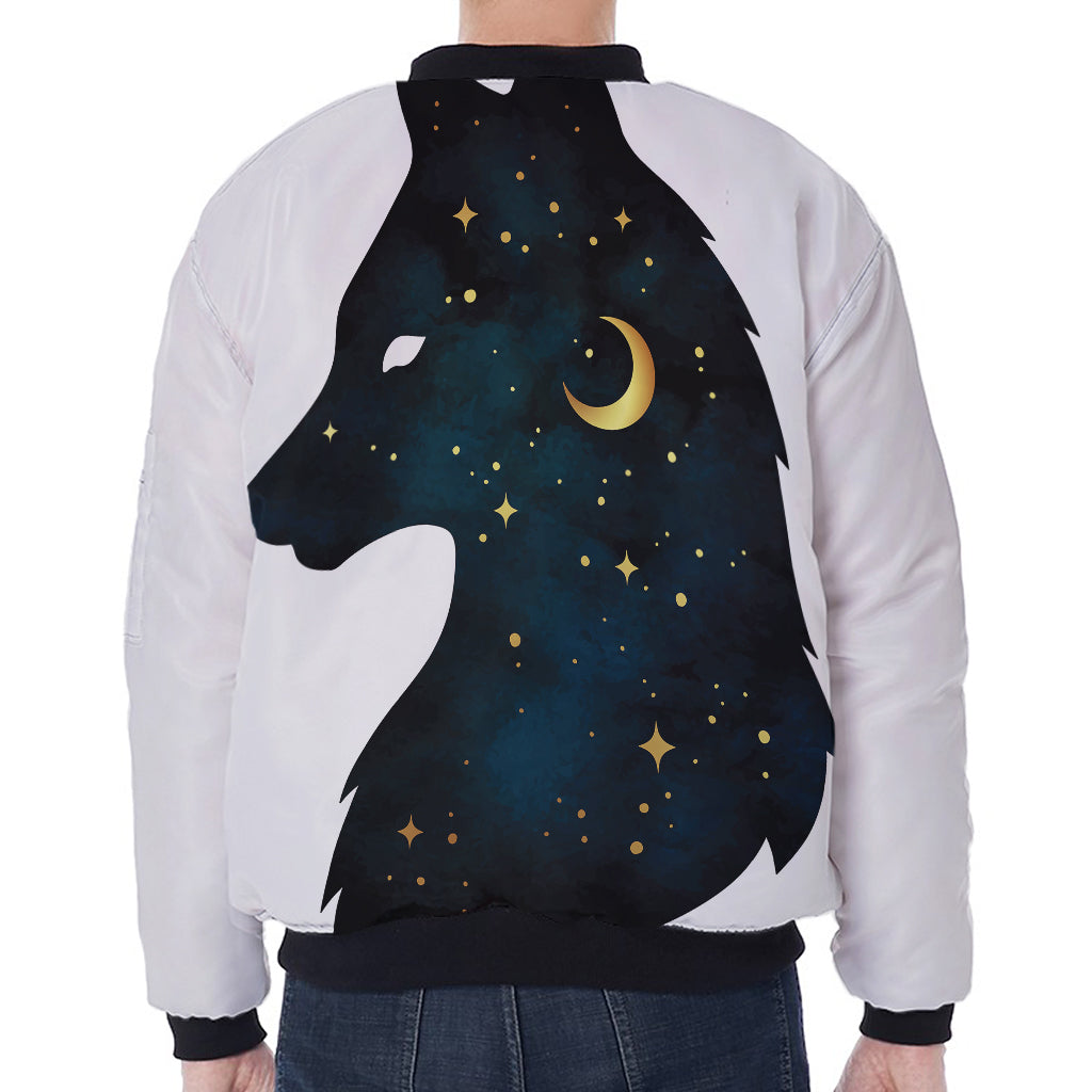Moon And Stars Wolf Spirit Print Zip Sleeve Bomber Jacket