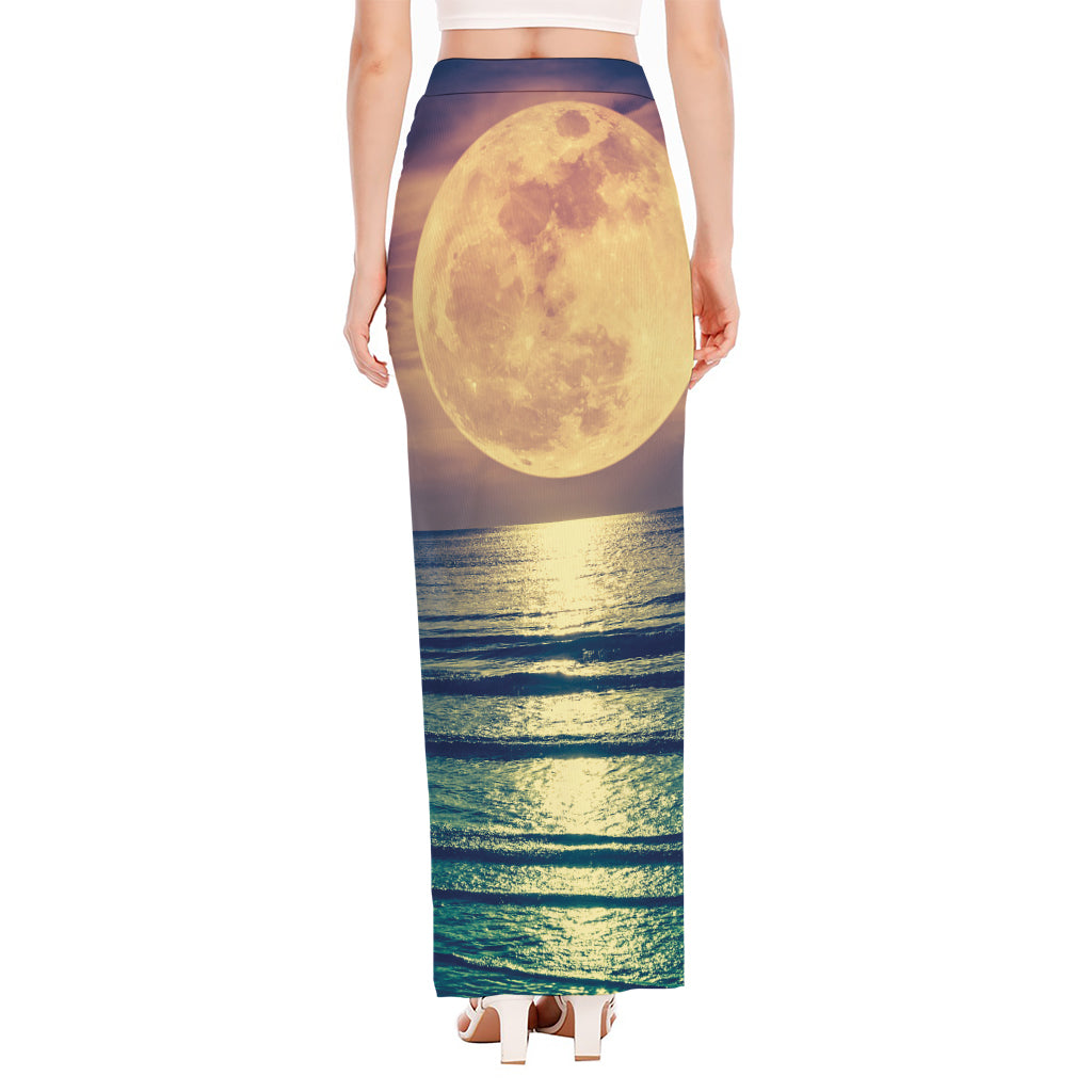 Moon Beach Print High Slit Maxi Skirt
