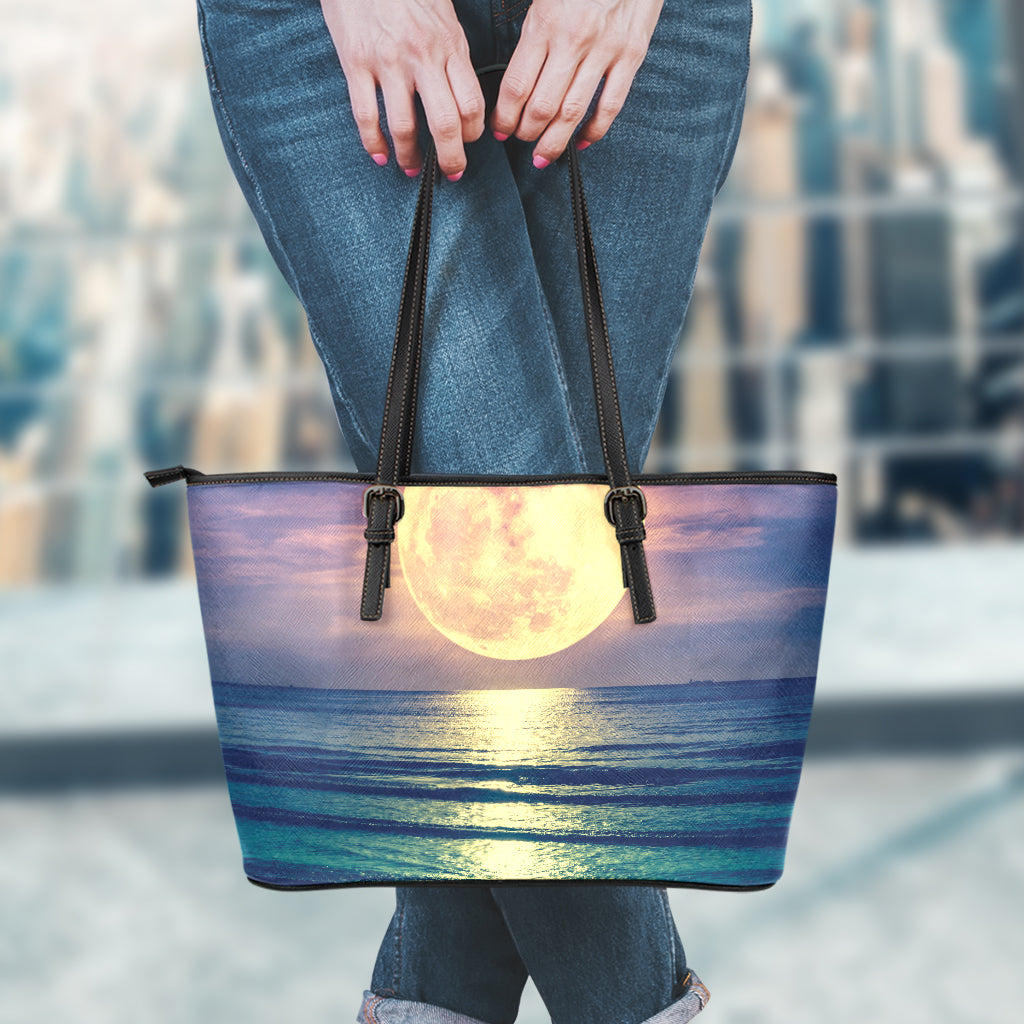 Moon Beach Print Leather Tote Bag