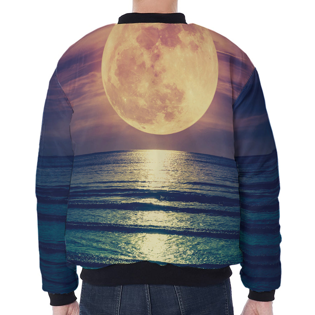 Moon Beach Print Zip Sleeve Bomber Jacket
