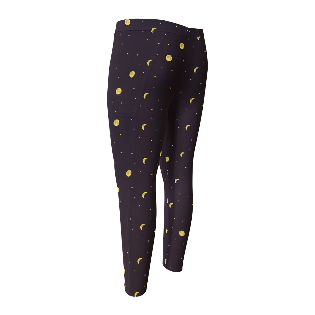 Moon Phase And Stars Pattern Print Men's Compression Pants