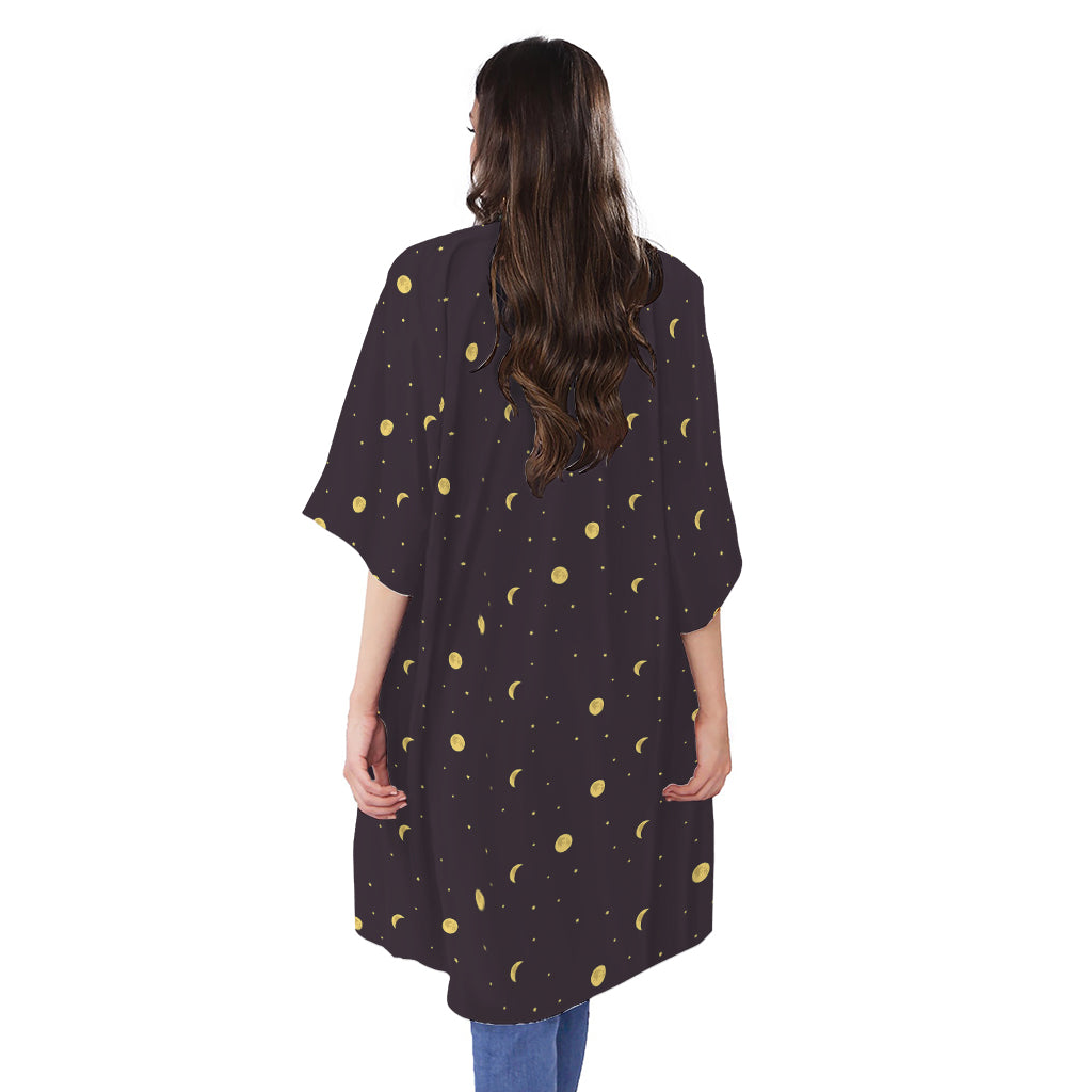 Moon Phase And Stars Pattern Print Open Front Beach Cover Up