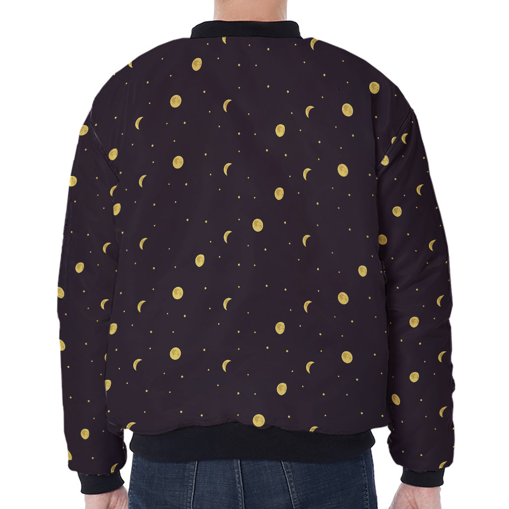 Moon Phase And Stars Pattern Print Zip Sleeve Bomber Jacket