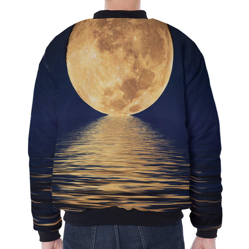 Moonlight On The Sea Print Zip Sleeve Bomber Jacket