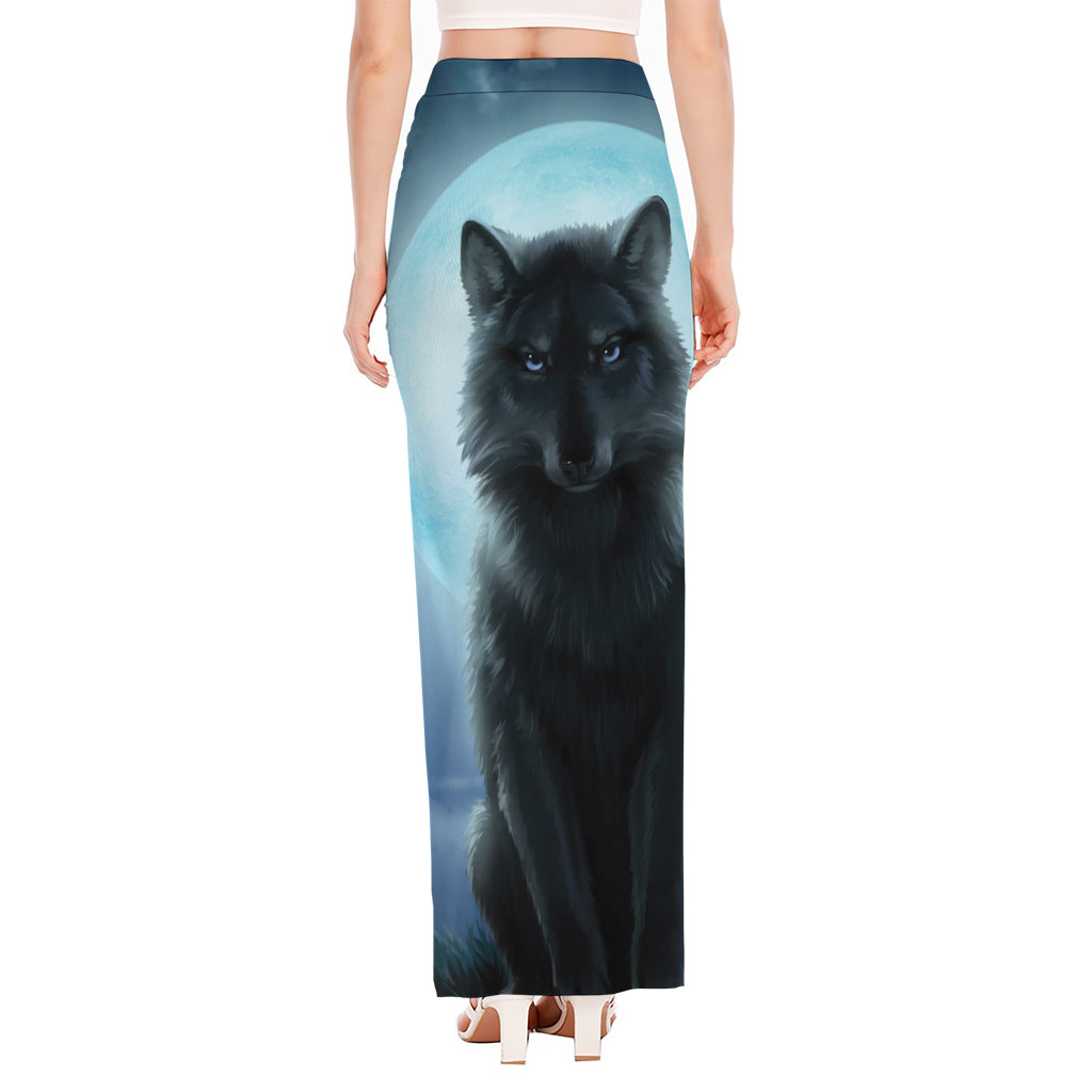 Moonlight Wolf Print High Slit Maxi Skirt