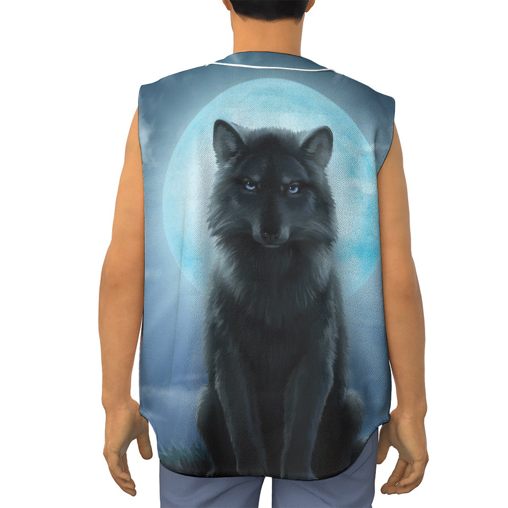 Moonlight Wolf Print Sleeveless Baseball Jersey