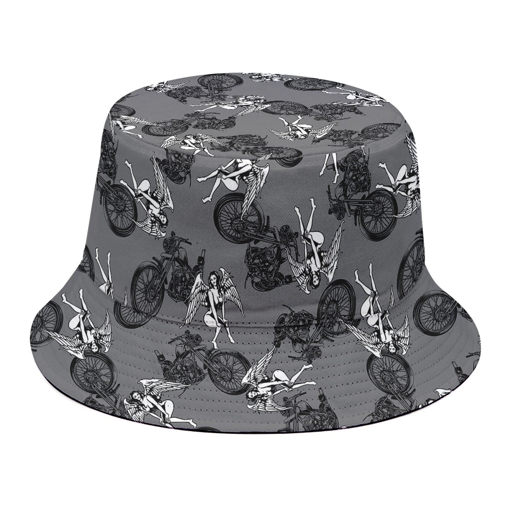 Motorcycle And Angel Pattern Print Bucket Hat
