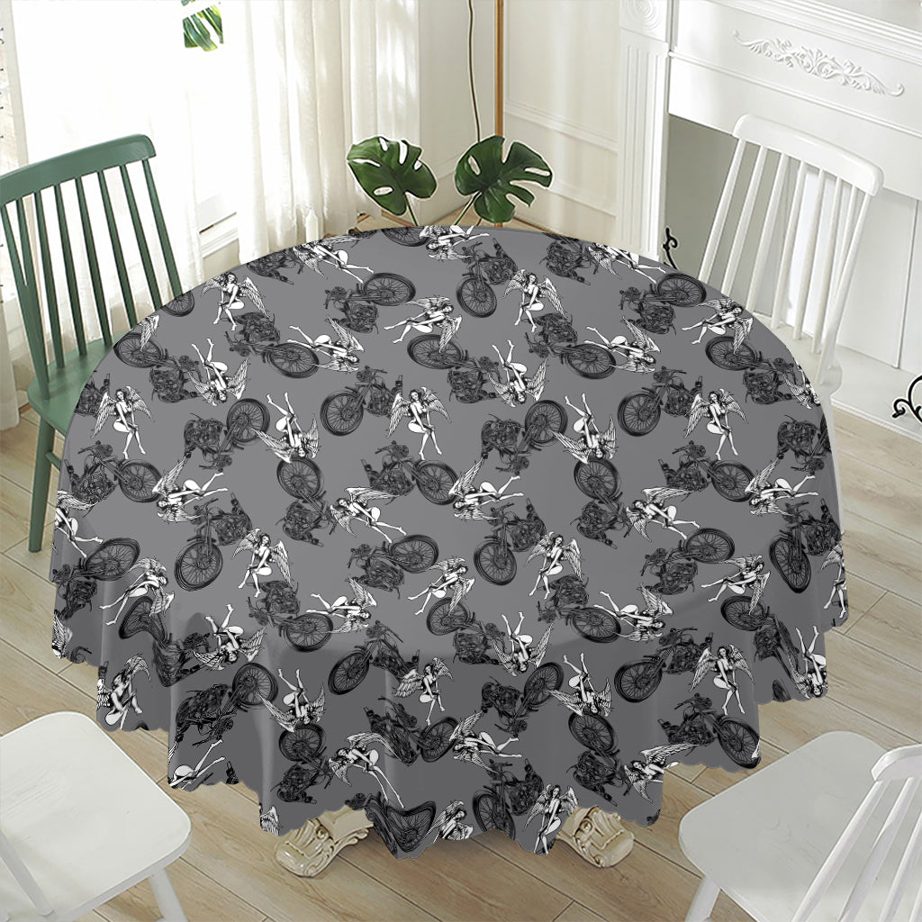 Motorcycle And Angel Pattern Print Waterproof Round Tablecloth