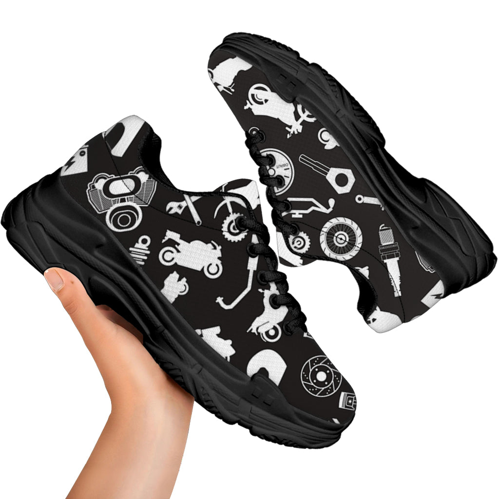 Motorcycle Equipment Pattern Print Black Chunky Shoes