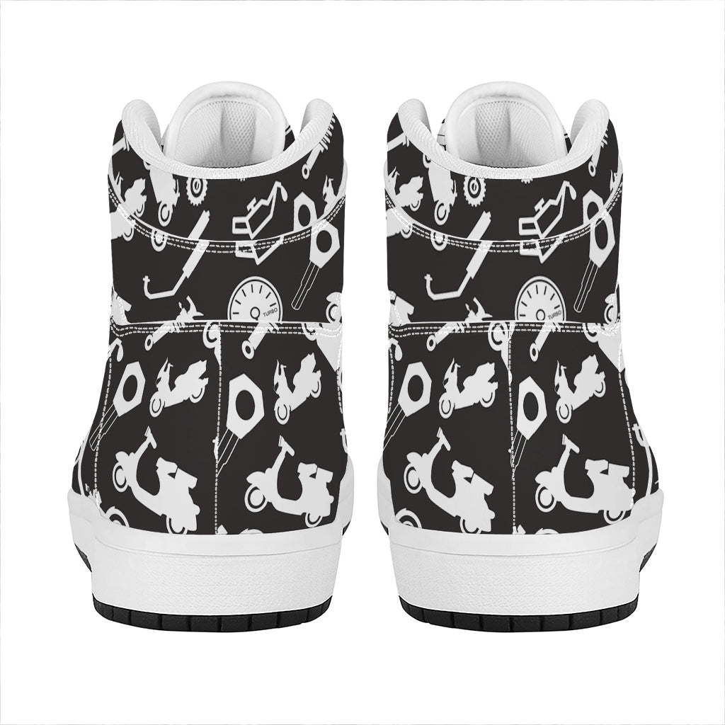 Motorcycle Equipment Pattern Print High Top Leather Sneakers