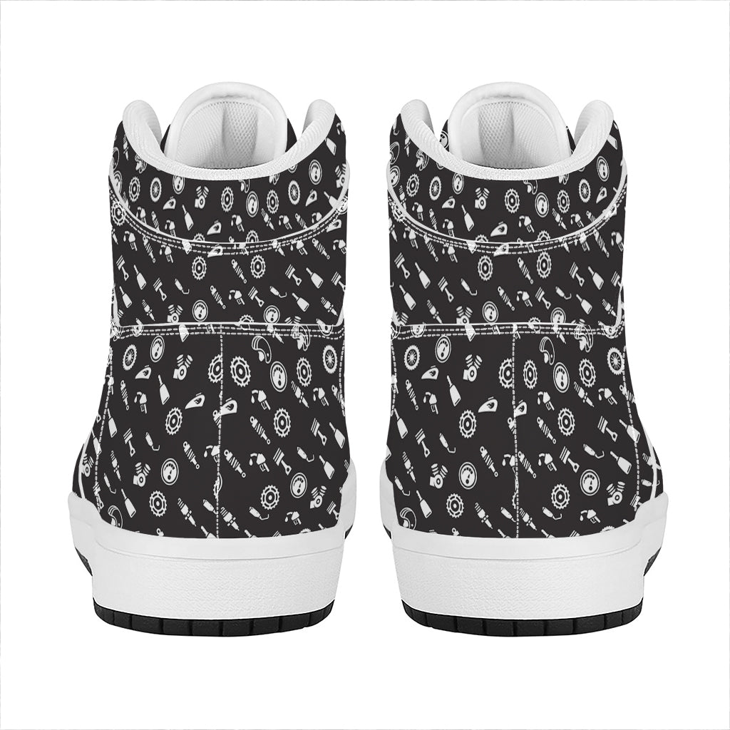 Motorcycle Parts Pattern Print High Top Leather Sneakers