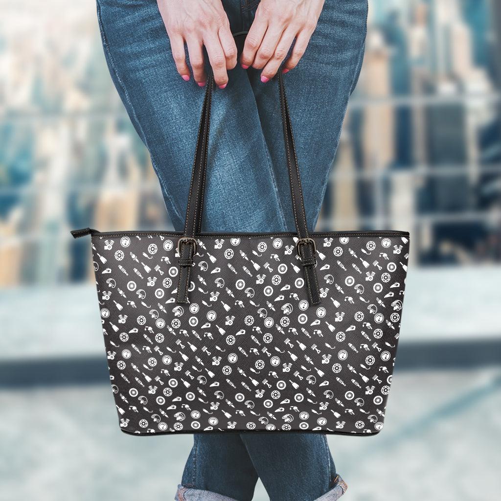 Motorcycle Parts Pattern Print Leather Tote Bag