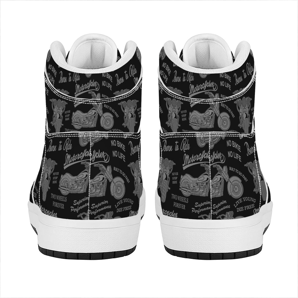 Motorcycle Quote Pattern Print High Top Leather Sneakers