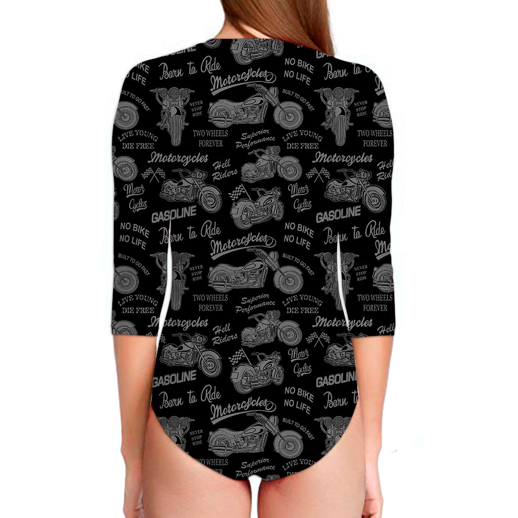 Motorcycle Quote Pattern Print Long Sleeve Swimsuit