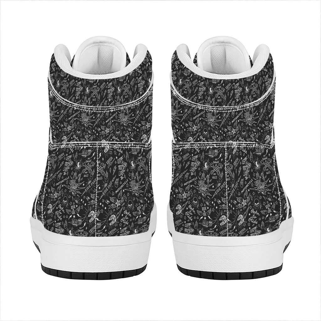 Motorcycle Words Pattern Print High Top Leather Sneakers