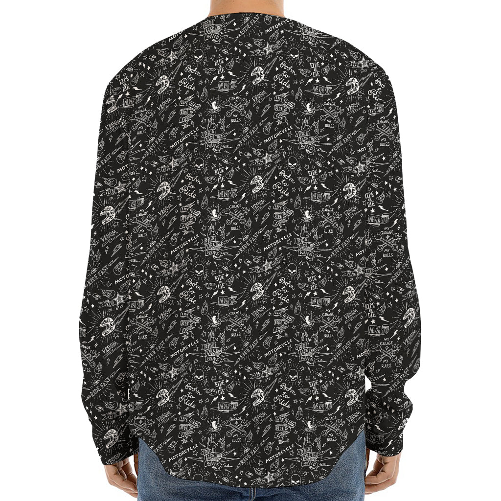 Motorcycle Words Pattern Print Long Sleeve Baseball Jersey