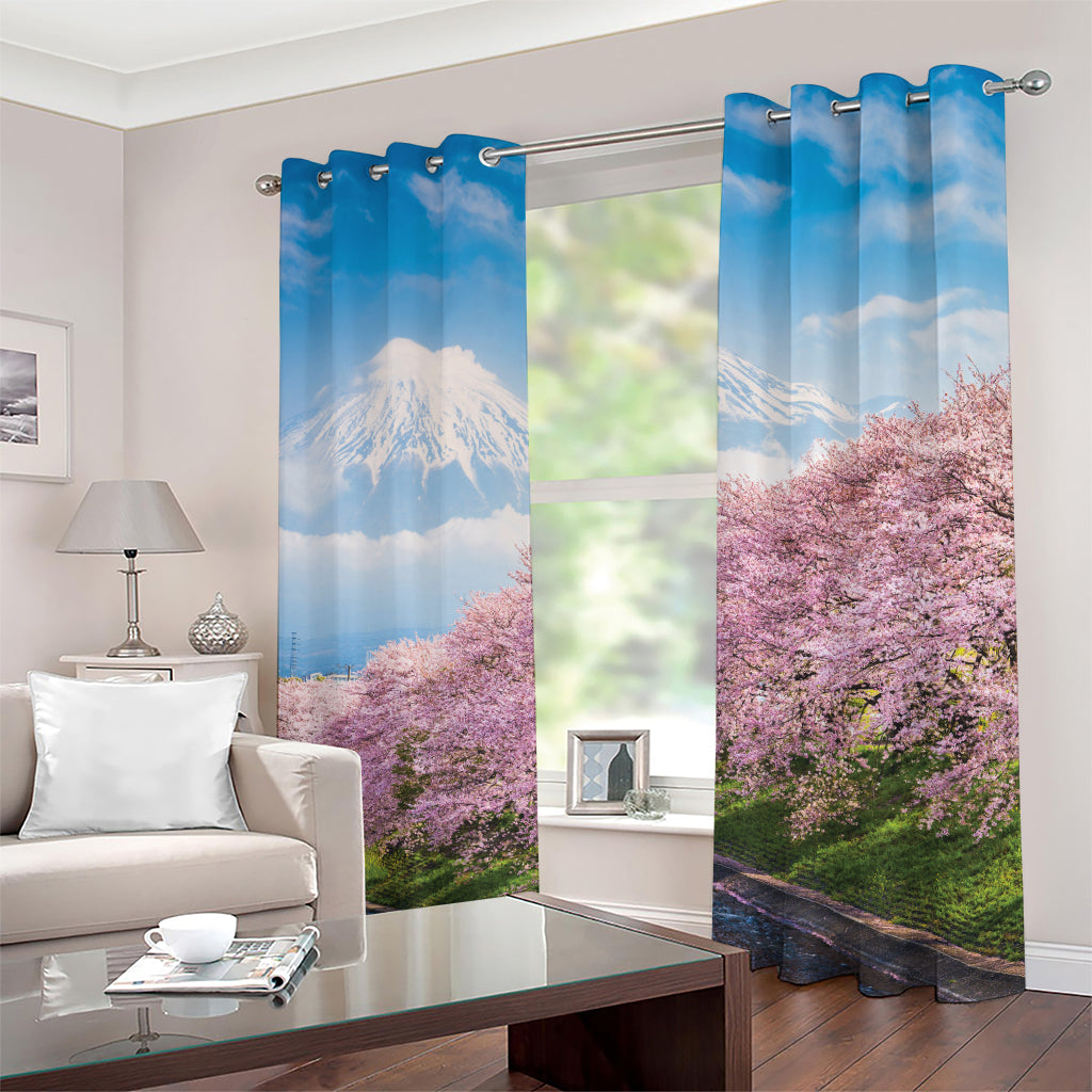 Mount Fuji And Cherry Blossom Print Grommet Curtains