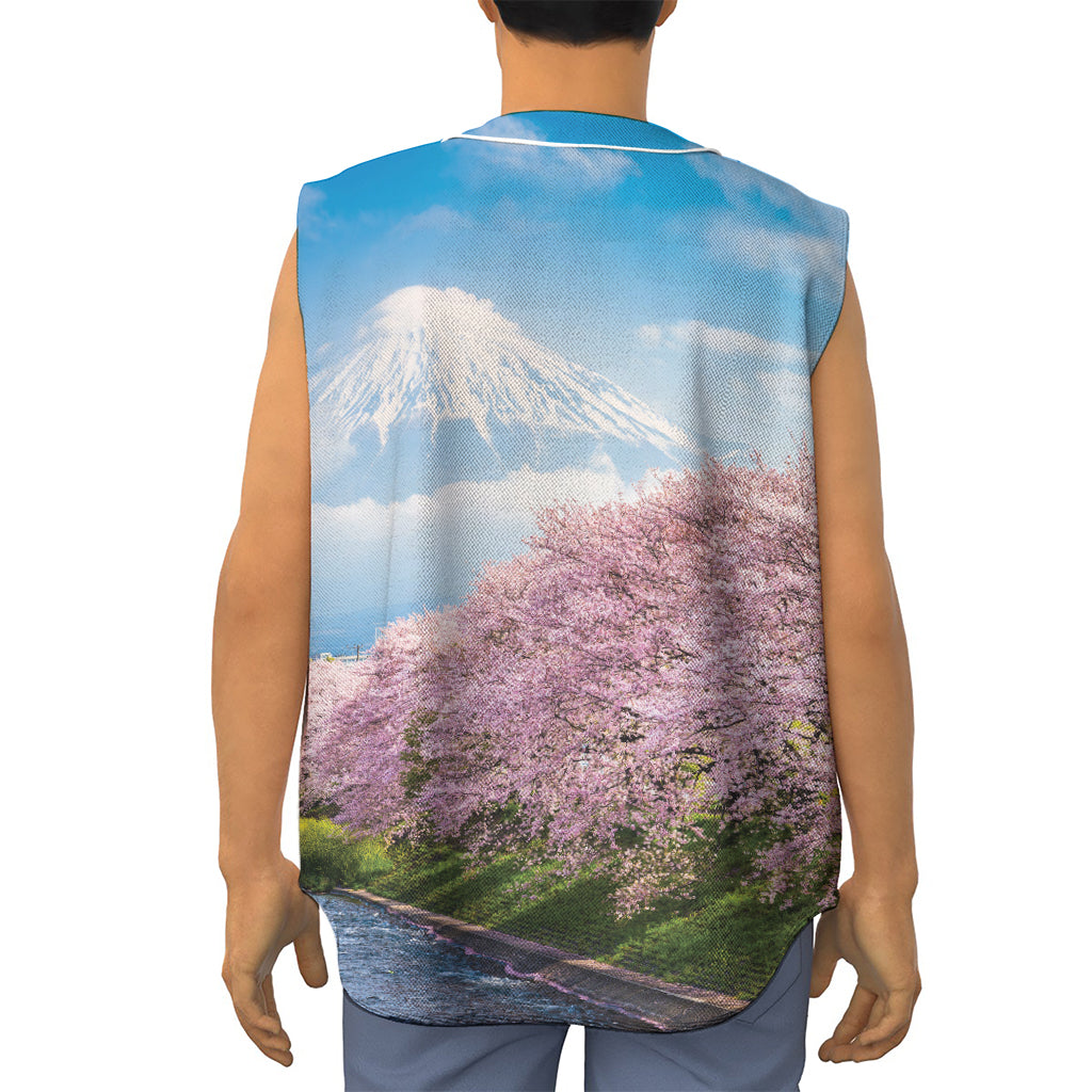 Mount Fuji And Cherry Blossom Print Sleeveless Baseball Jersey